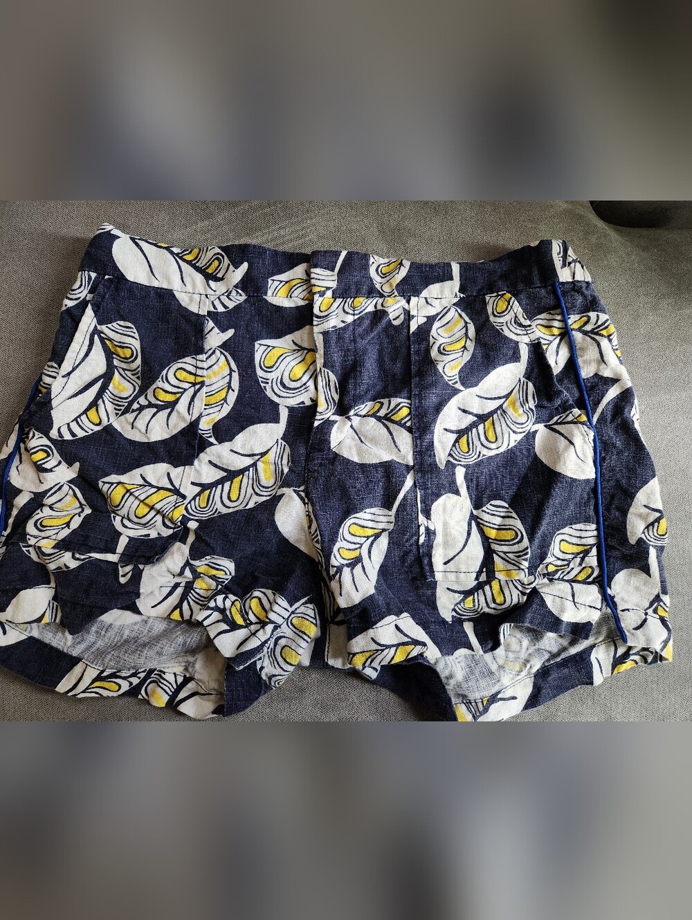 J. Crew Navy Shorts with White Leaf Print and Yellow Accents